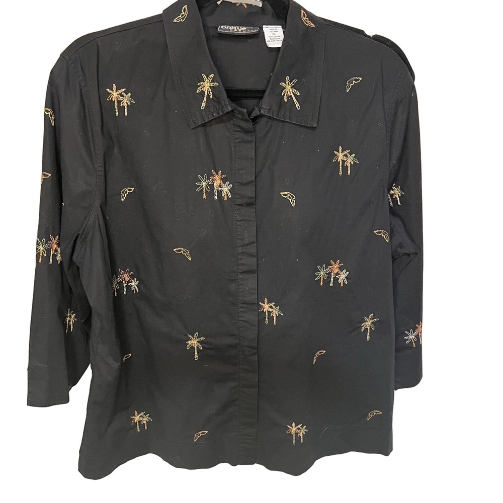 Onque Casuals XL Palm Tree Embroidered Black Button Down Shirt Cotton Women